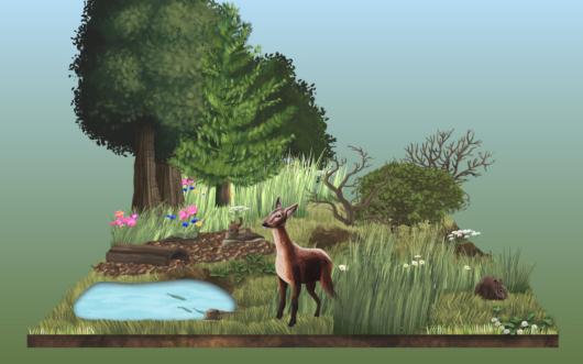 An artist's illustration of a rewilded area, with trees, flowers, grasses, a pond, and deer.